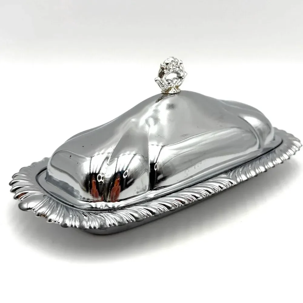 Vintage Silver Metal Butter Dish with Lid Glass Covered Butter Dish
